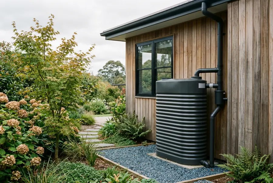 Rainwater tank beside a Blue Mountains cottage with a gum-lined gutter
